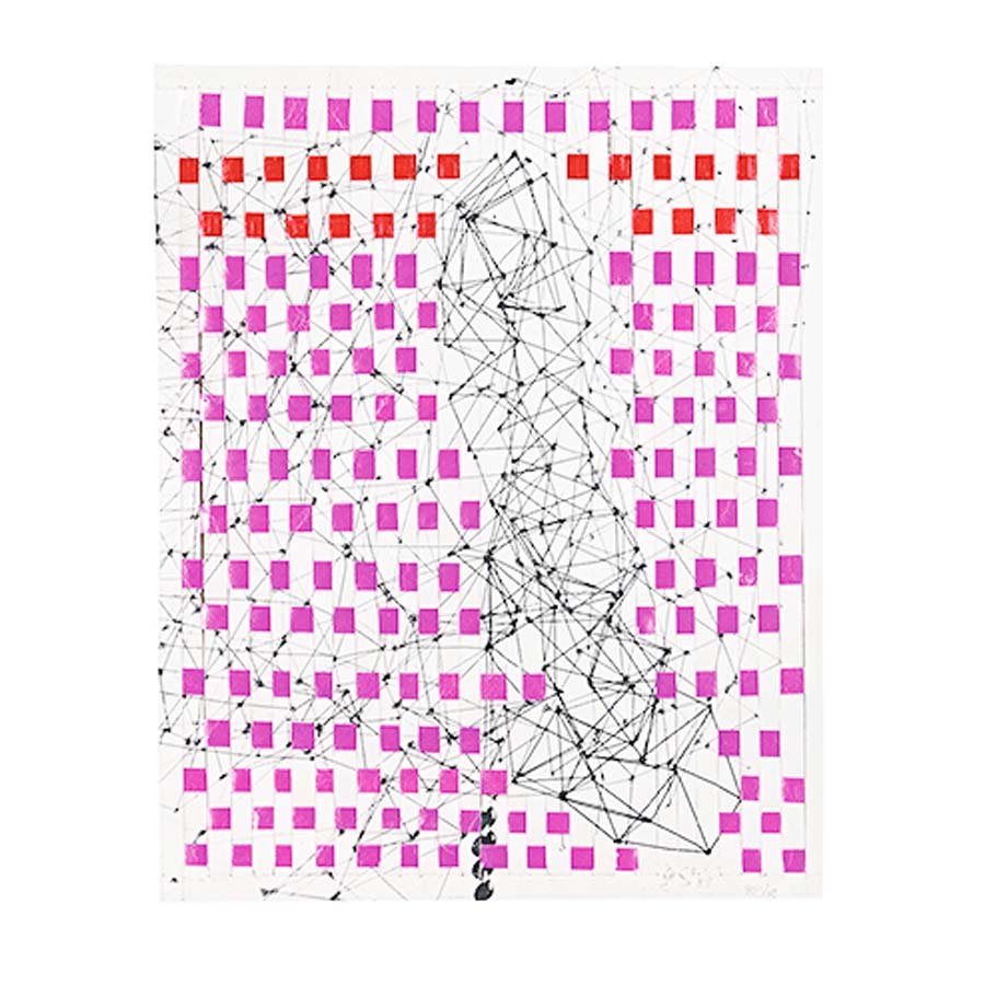 A grid of pink and red squares with intersecting black lines and dots creates an abstract, geometric pattern on the Gego Tejeduras Postcard Pack (set of 8)—ideal for sending or collecting unique postcards.