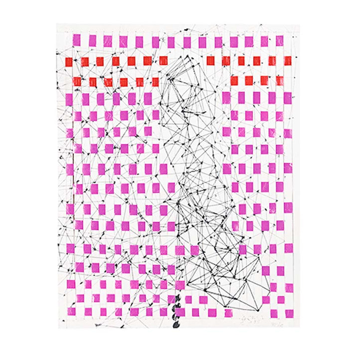 A grid of pink and red squares with intersecting black lines and dots creates an abstract, geometric pattern on the Gego Tejeduras Postcard Pack (set of 8)—ideal for sending or collecting unique postcards.