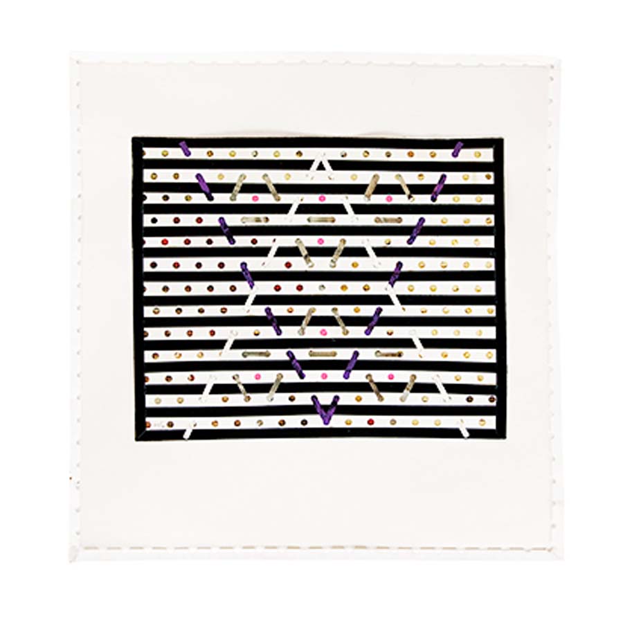 The Gego Tejeduras Postcard Pack (set of 8) showcases a white square design with black lines, colored dots, and diagonal sticks forming geometric patterns like a central triangle—ideal for sending alone or as a stylish postcard collection.