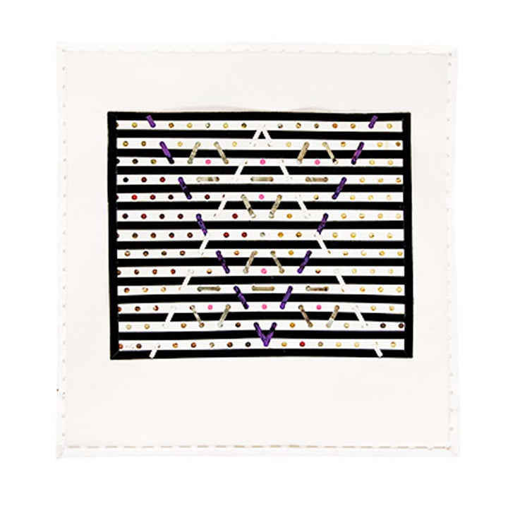 The Gego Tejeduras Postcard Pack (set of 8) showcases a white square design with black lines, colored dots, and diagonal sticks forming geometric patterns like a central triangle—ideal for sending alone or as a stylish postcard collection.