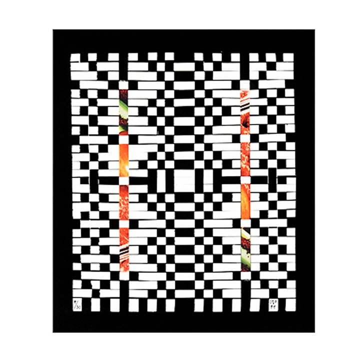 The Gego Tejeduras Postcard Pack, set of 8, features abstract art with a grid of black and white rectangles and two colorful columns of sushi and sashimi images, creating a bold contrast against the monochrome background.